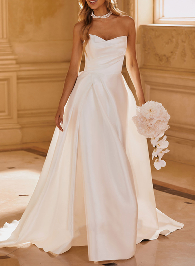 Elegant Sweetheart A-Line Sweep Train Matte Satin Wedding Dresses With High Split