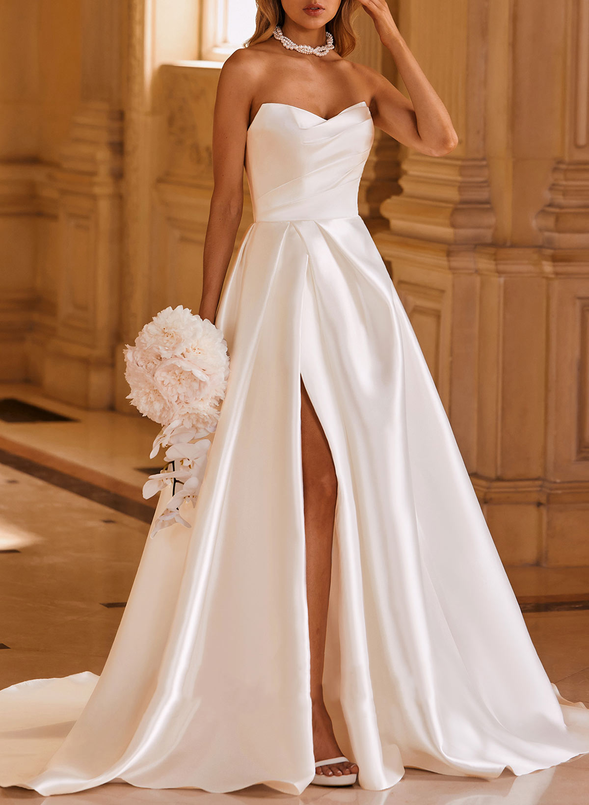 Elegant Sweetheart A-Line Sweep Train Matte Satin Wedding Dresses With High Split