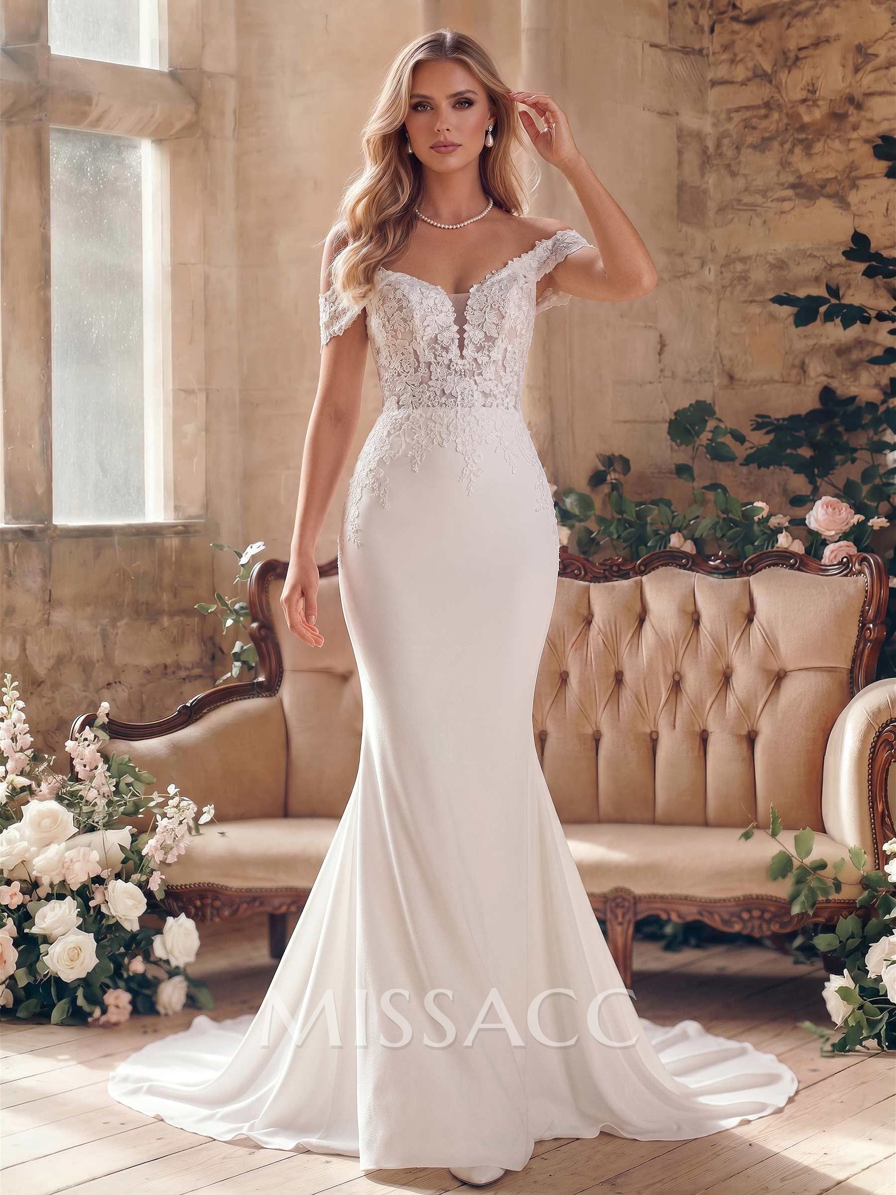 Elegant Sweetheart Detachable Straps Mermaid Sweep Train Lace/Elastic Satin Wedding Dresses