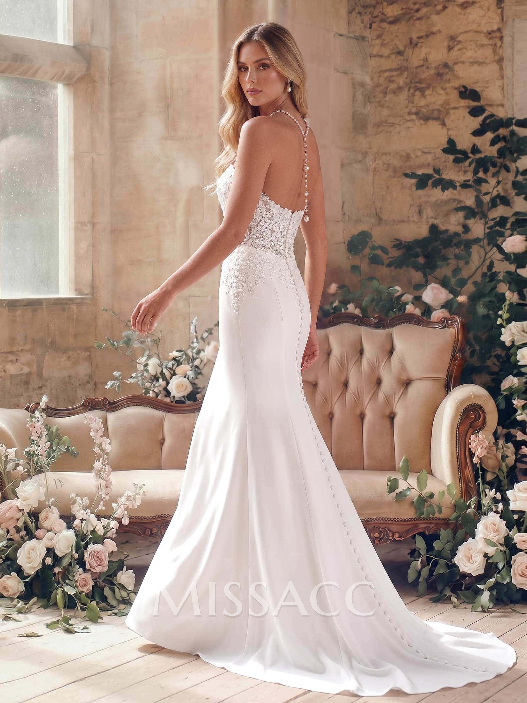 Elegant Sweetheart Detachable Straps Mermaid Sweep Train Lace/Elastic Satin Wedding Dresses