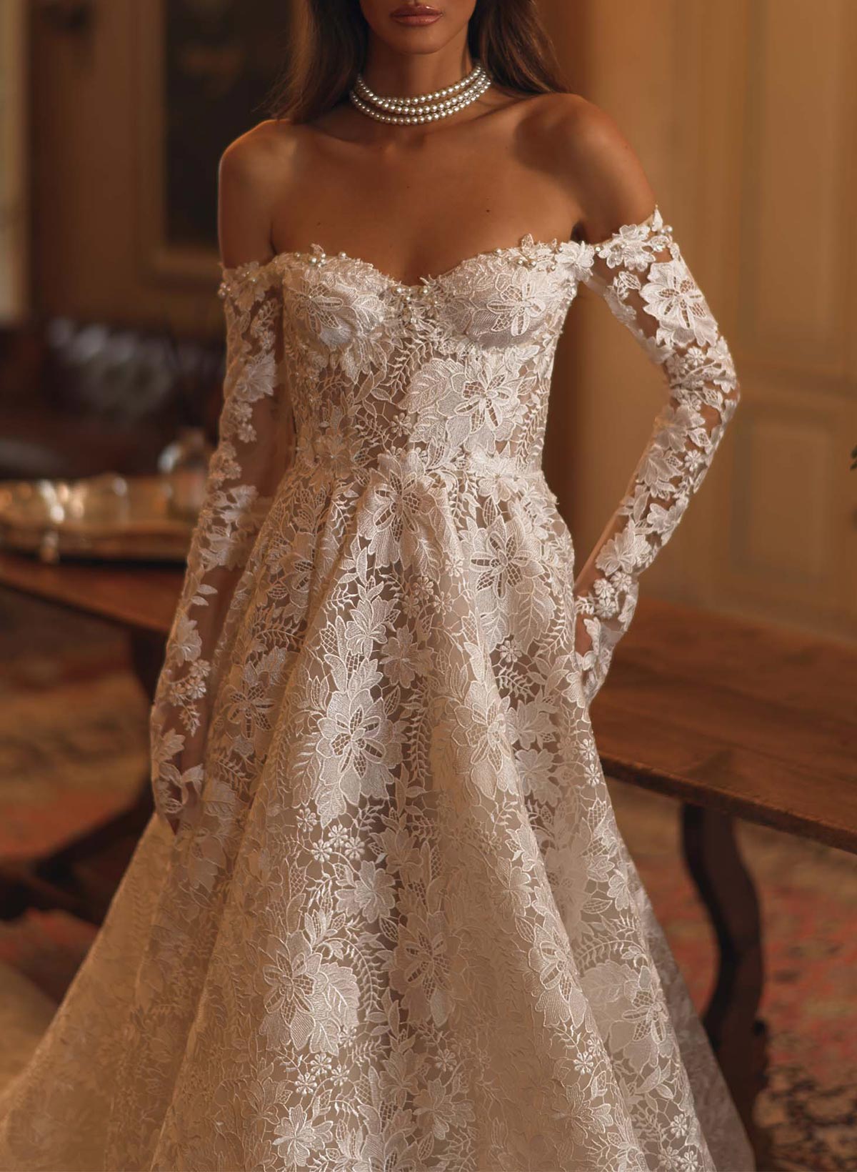 Elegant Off-The-Shoulder/Sweetheart Long Sleeves A-Line Chapel Train Lace Wedding Dresses With Beading