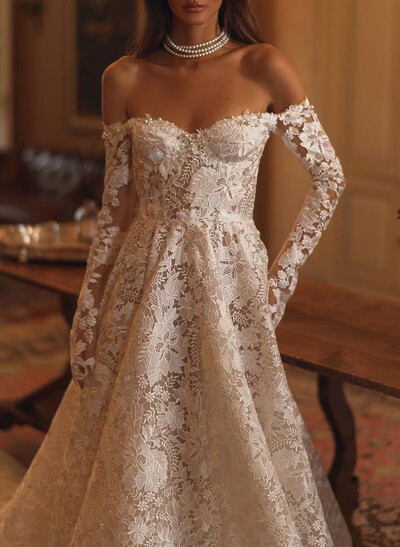 Elegant Off-The-Shoulder/Sweetheart Long Sleeves A-Line Chapel Train Lace Wedding Dresses With Beading