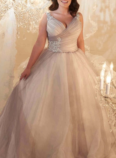 Elegant V-Neck Sleeveless Lace Regular Straps Ball-Gown Court Train Tulle Wedding Dresses