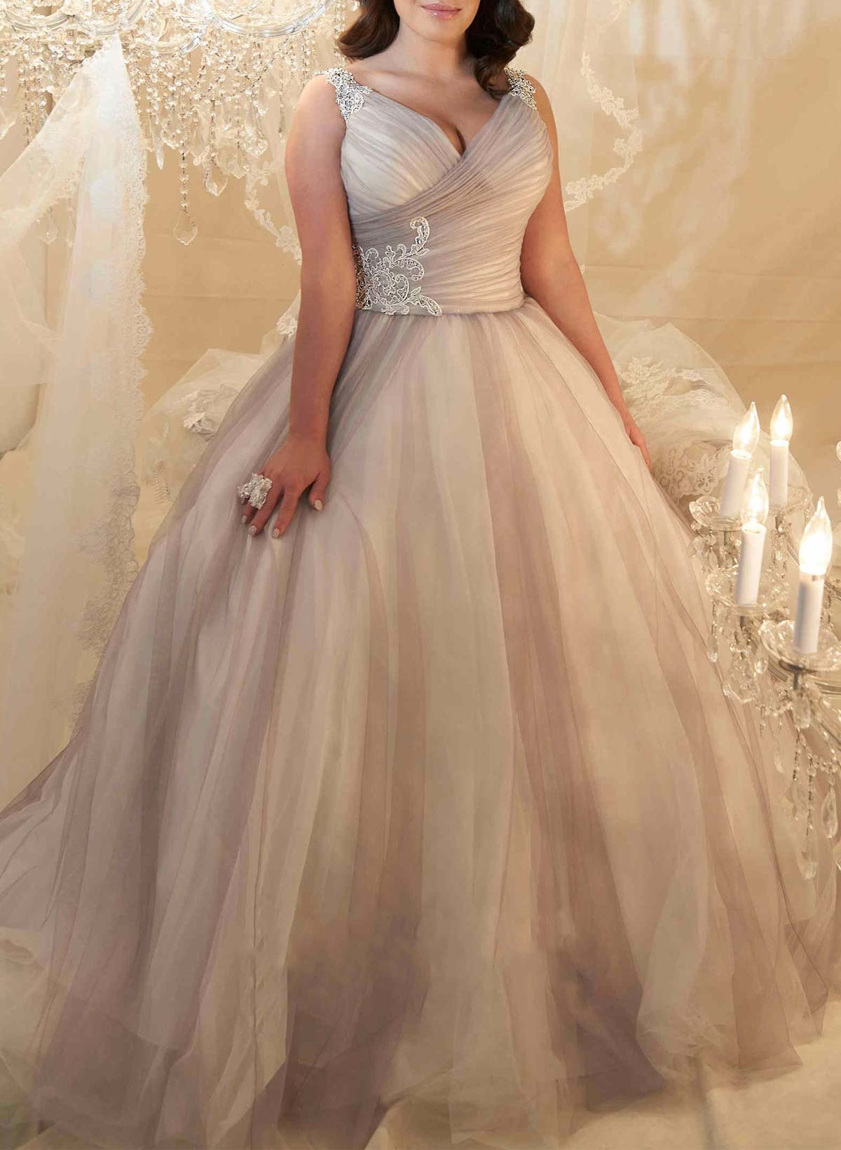 Elegant V-Neck Sleeveless Lace Regular Straps Ball-Gown Court Train Tulle Wedding Dresses