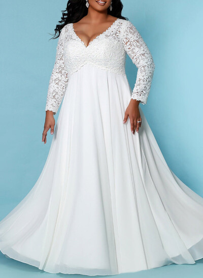 Elegant Lace V-Neck Long Sleeves A-Line Sweep Train Chiffon Wedding Dresses