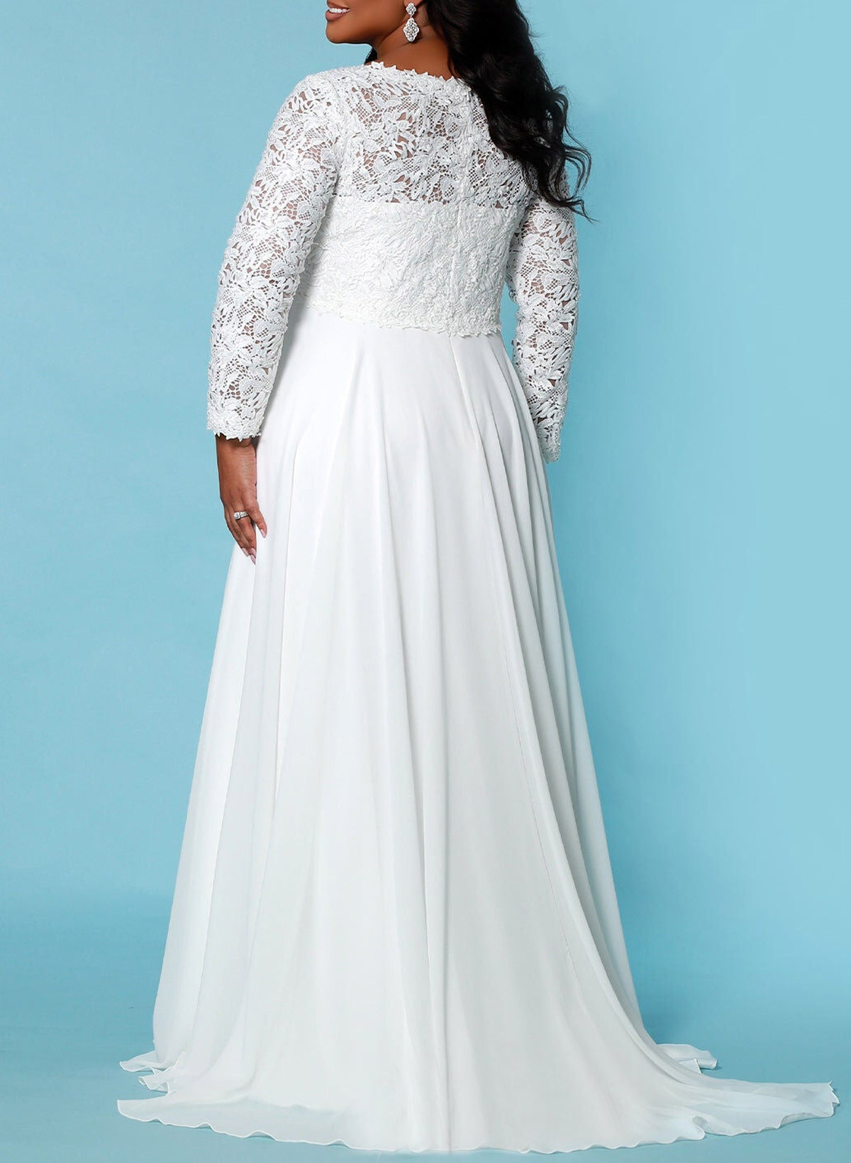 Elegant Lace V-Neck Long Sleeves A-Line Sweep Train Chiffon Wedding Dresses