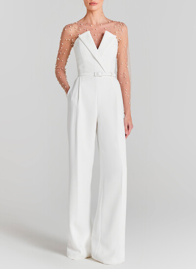 Beading Illusion Neck Long Sleeves Floor-Length Elastic Satin Wedding Jumpsuit