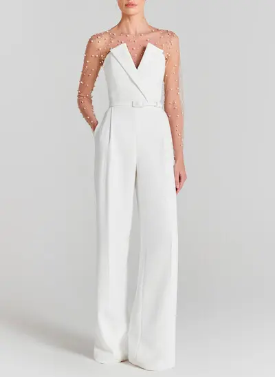 Beading Illusion Neck Long Sleeves Floor-Length Elastic Satin Wedding Jumpsuit