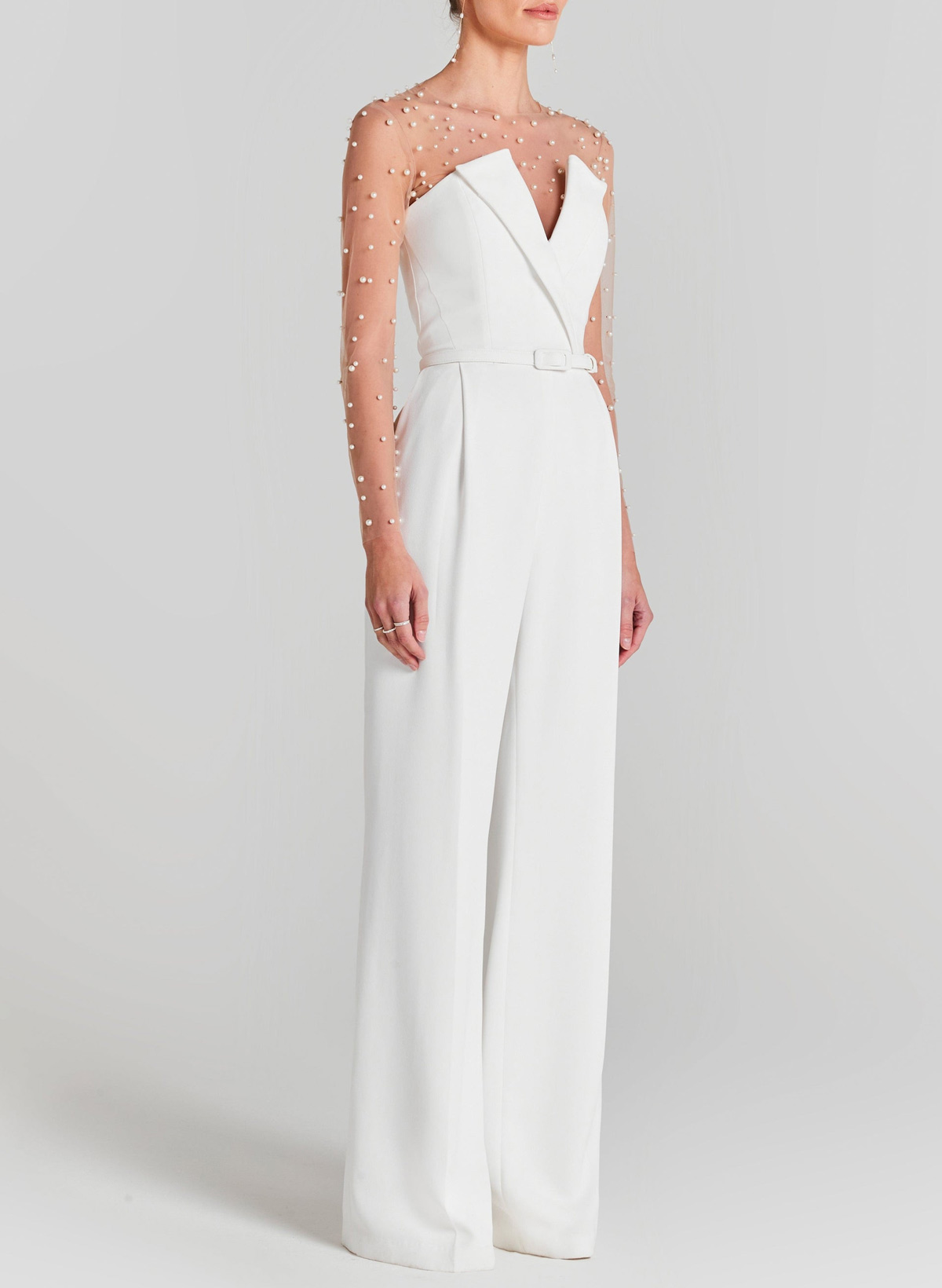 Beading Illusion Neck Long Sleeves Floor-Length Elastic Satin Wedding Jumpsuit