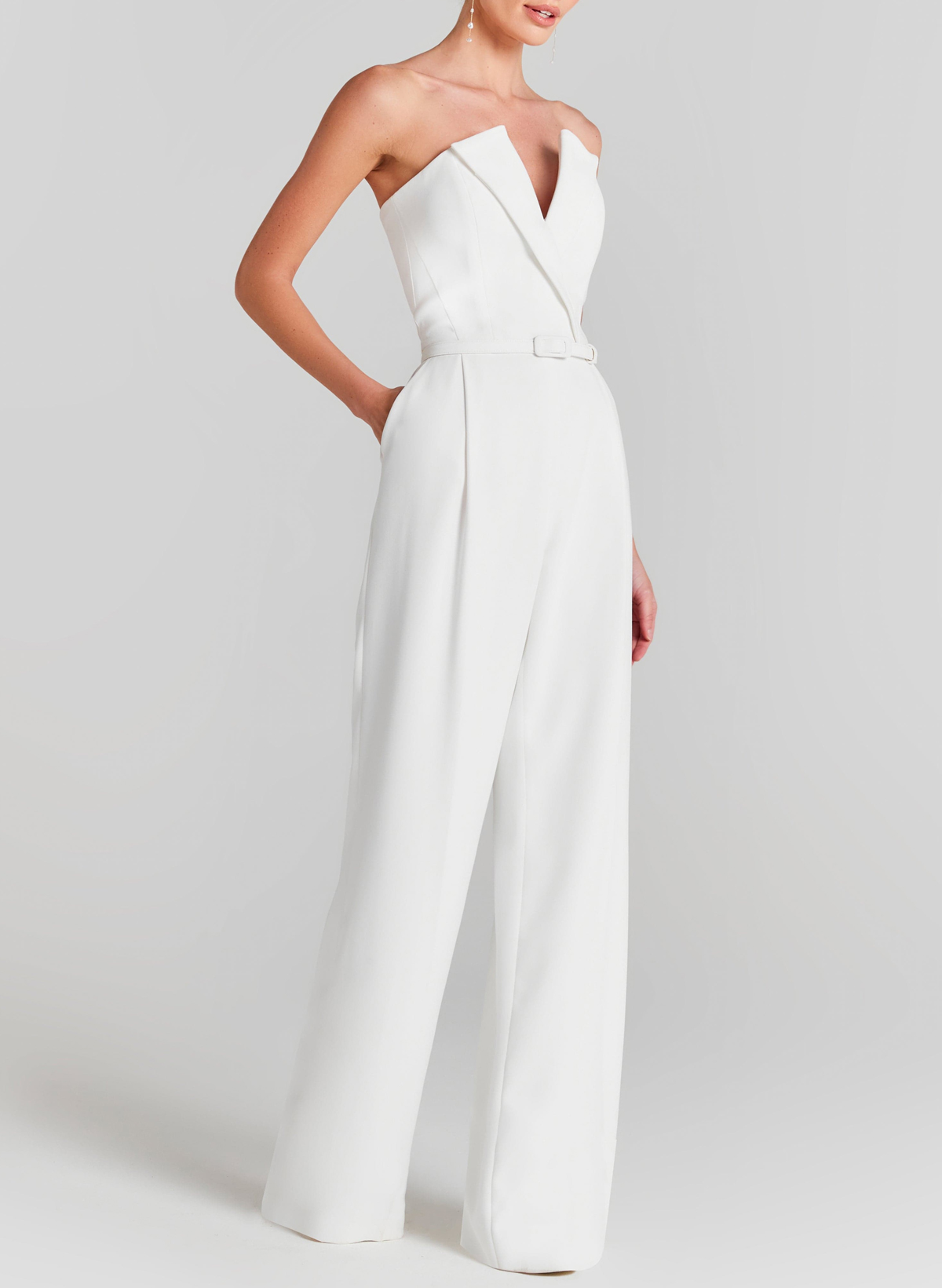 Beading Illusion Neck Long Sleeves Floor-Length Elastic Satin Wedding Jumpsuit
