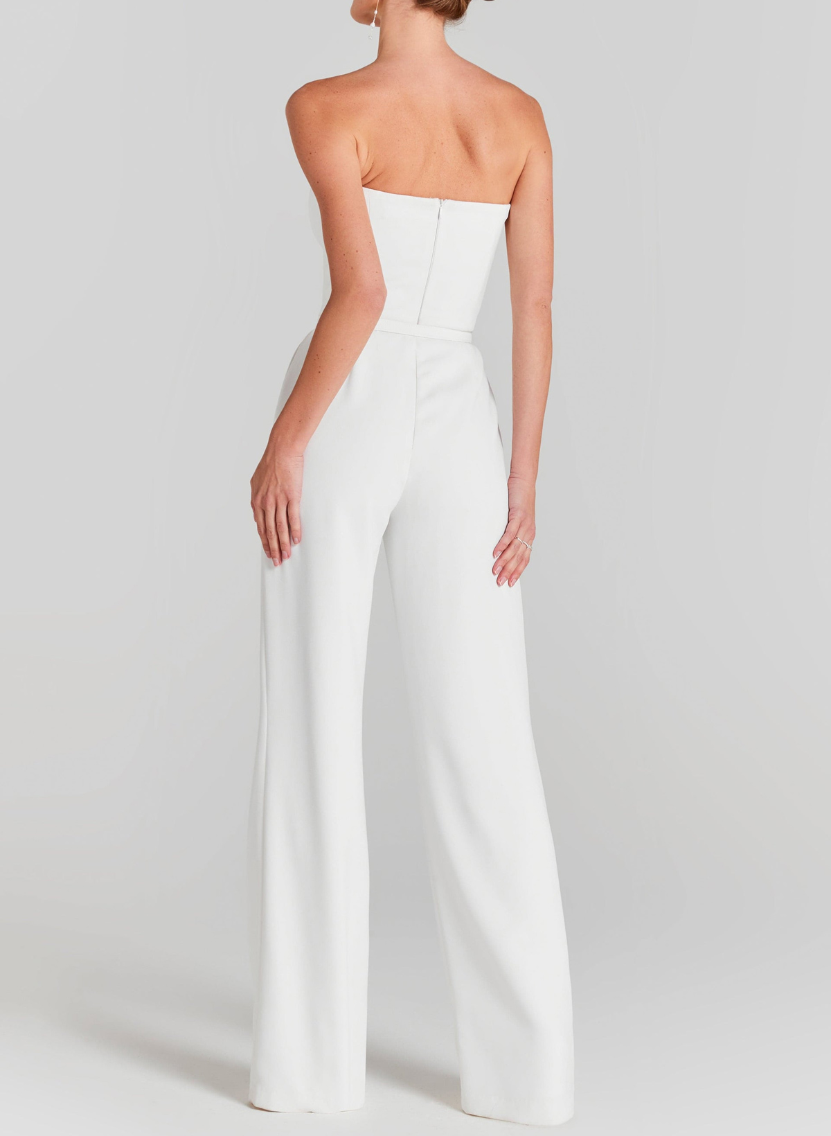 Beading Illusion Neck Long Sleeves Floor-Length Elastic Satin Wedding Jumpsuit