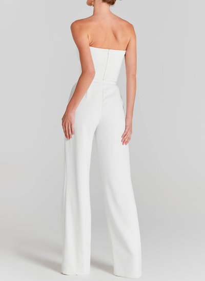 Beading Illusion Neck Long Sleeves Floor-Length Elastic Satin Wedding Jumpsuit