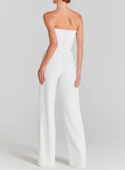 Beading Illusion Neck Long Sleeves Floor-Length Elastic Satin Wedding Jumpsuit