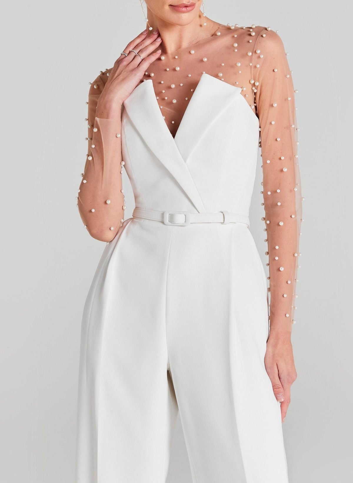 Beading Illusion Neck Long Sleeves Floor-Length Elastic Satin Wedding Jumpsuit