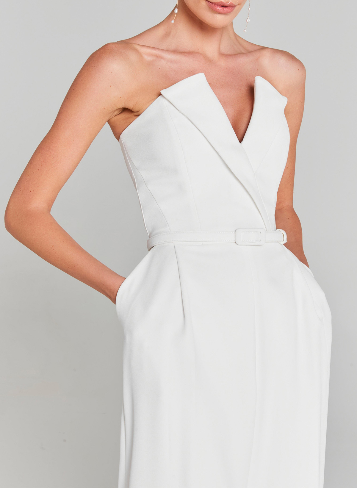 Beading Illusion Neck Long Sleeves Floor-Length Elastic Satin Wedding Jumpsuit