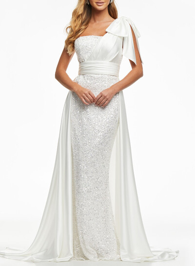Sparkle Bow(s) One-Shoulder Sleeveless Detachable Satin/Sequined Wedding Dresses