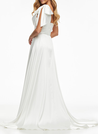 Sparkle Bow(s) One-Shoulder Sleeveless Detachable Satin/Sequined Wedding Dresses