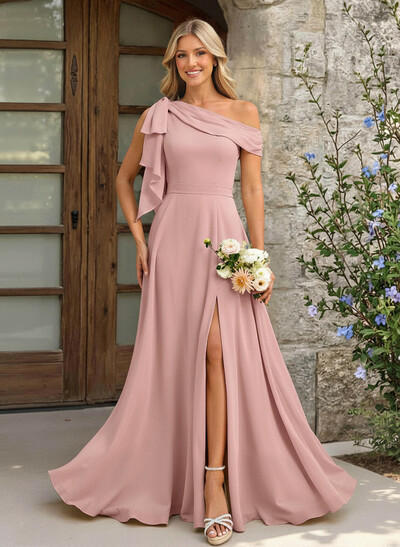 A-Line One-Shoulder Floor-Length Chiffon Bridesmaid Dresses With Split Front/Bow(s)