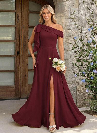 A-Line One-Shoulder Floor-Length Chiffon Bridesmaid Dresses With Split Front/Bow(s)
