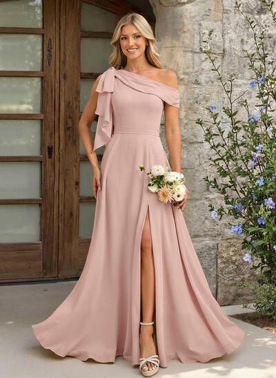 A-Line One-Shoulder Floor-Length Chiffon Bridesmaid Dresses With Split Front/Bow(s)