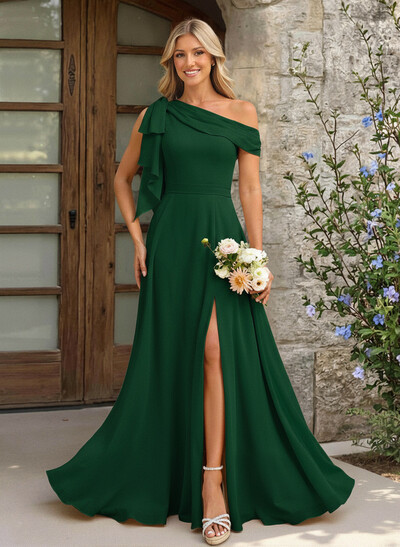 A-Line One-Shoulder Floor-Length Chiffon Bridesmaid Dresses With Split Front/Bow(s)