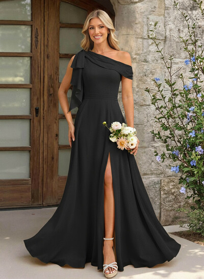 A-Line One-Shoulder Floor-Length Chiffon Bridesmaid Dresses With Split Front/Bow(s)