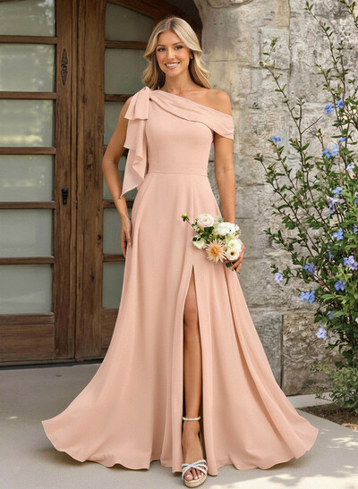 A-Line Asymmetrical Floor-Length Chiffon Bridesmaid Dresses With Split Front/Bow(s)