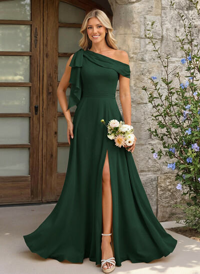 A-Line One-Shoulder Floor-Length Chiffon Bridesmaid Dresses With Split Front/Bow(s)