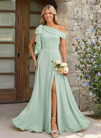 A-Line One-Shoulder Floor-Length Chiffon Bridesmaid Dresses With Split Front/Bow(s)