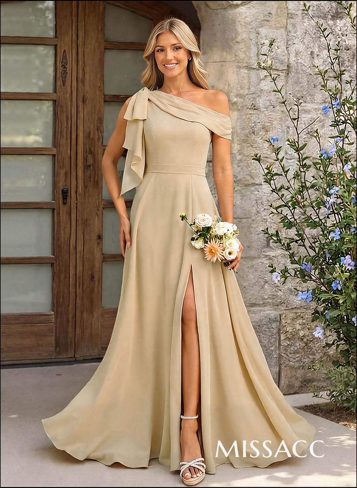 A-Line One-Shoulder Floor-Length Chiffon Bridesmaid Dresses With Split Front/Bow(s)
