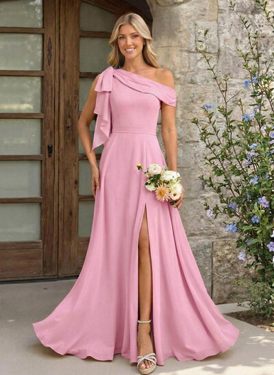 A-Line Asymmetrical Floor-Length Chiffon Bridesmaid Dresses With Split Front/Bow(s)