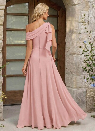 A-Line One-Shoulder Floor-Length Chiffon Bridesmaid Dresses With Split Front/Bow(s)