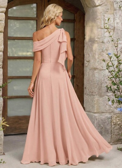 A-Line One-Shoulder Floor-Length Chiffon Bridesmaid Dresses With Split Front/Bow(s)