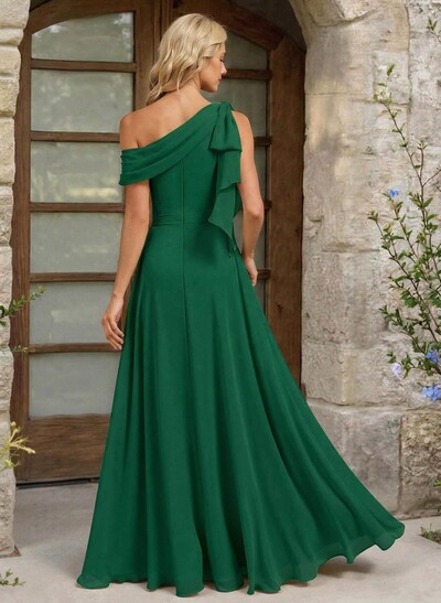A-Line One-Shoulder Floor-Length Chiffon Bridesmaid Dresses With Split Front/Bow(s)