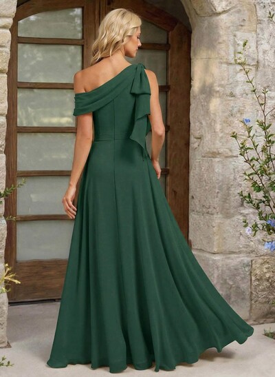 A-Line One-Shoulder Floor-Length Chiffon Bridesmaid Dresses With Split Front/Bow(s)