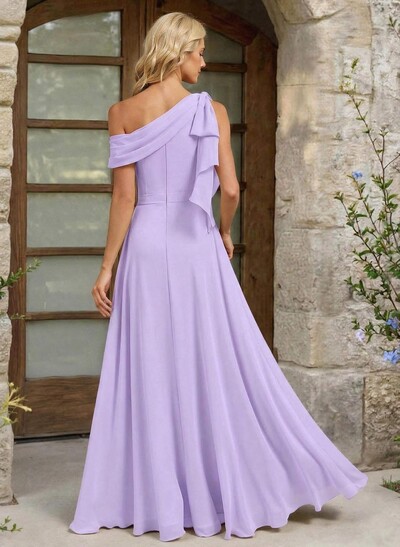 A-Line One-Shoulder Floor-Length Chiffon Bridesmaid Dresses With Split Front/Bow(s)
