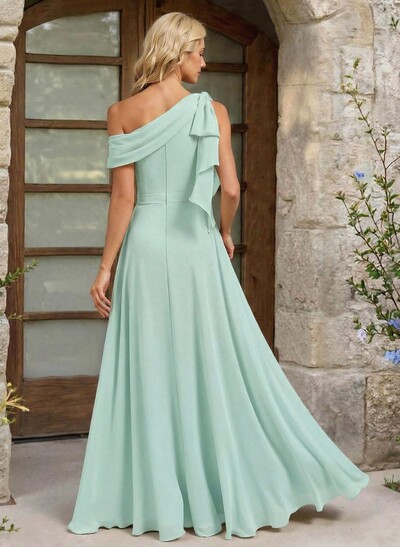 A-Line One-Shoulder Floor-Length Chiffon Bridesmaid Dresses With Split Front/Bow(s)