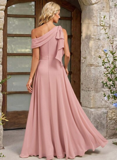 A-Line One-Shoulder Floor-Length Chiffon Bridesmaid Dresses With Split Front/Bow(s)