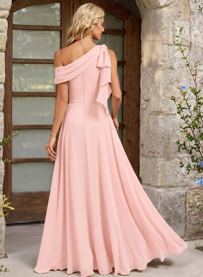 A-Line One-Shoulder Floor-Length Chiffon Bridesmaid Dresses With Split Front/Bow(s)