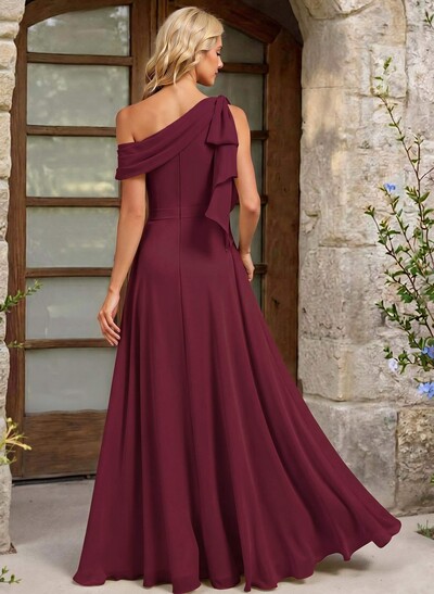 A-Line One-Shoulder Floor-Length Chiffon Bridesmaid Dresses With Split Front/Bow(s)
