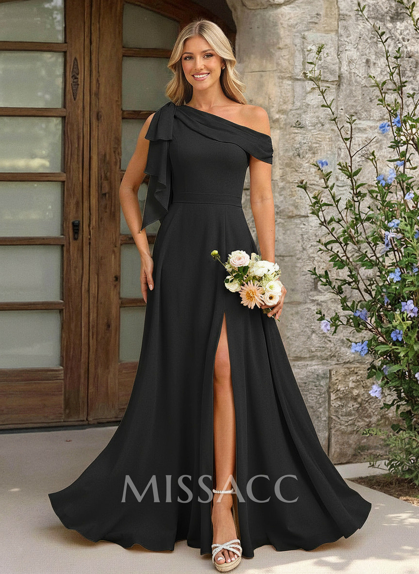 A-Line Asymmetrical Floor-Length Chiffon Bridesmaid Dresses With Split Front/Bow(s)