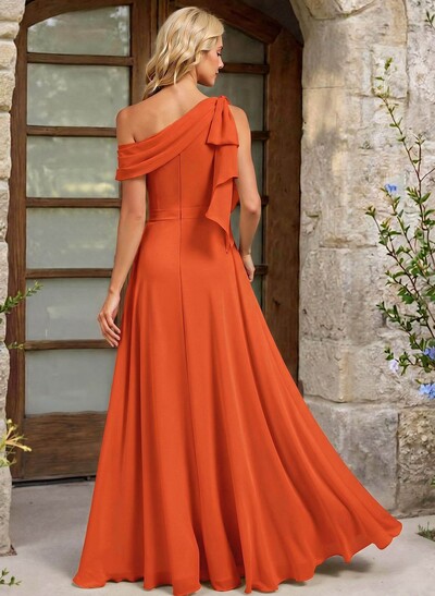 A-Line One-Shoulder Floor-Length Chiffon Bridesmaid Dresses With Split Front/Bow(s)