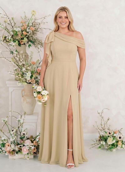 A-Line One-Shoulder Floor-Length Chiffon Bridesmaid Dresses With Split Front/Bow(s)