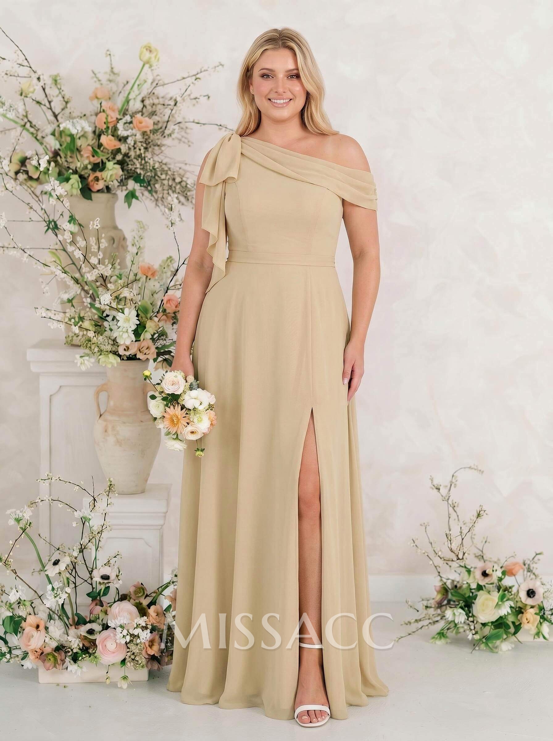 A-Line One-Shoulder Floor-Length Chiffon Bridesmaid Dresses With Split Front/Bow(s) A-Line One-Shoulder Floor-Length Chiffon Bridesmaid Dresses With Split Front/Bow(s)