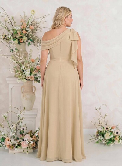 A-Line One-Shoulder Floor-Length Chiffon Bridesmaid Dresses With Split Front/Bow(s)