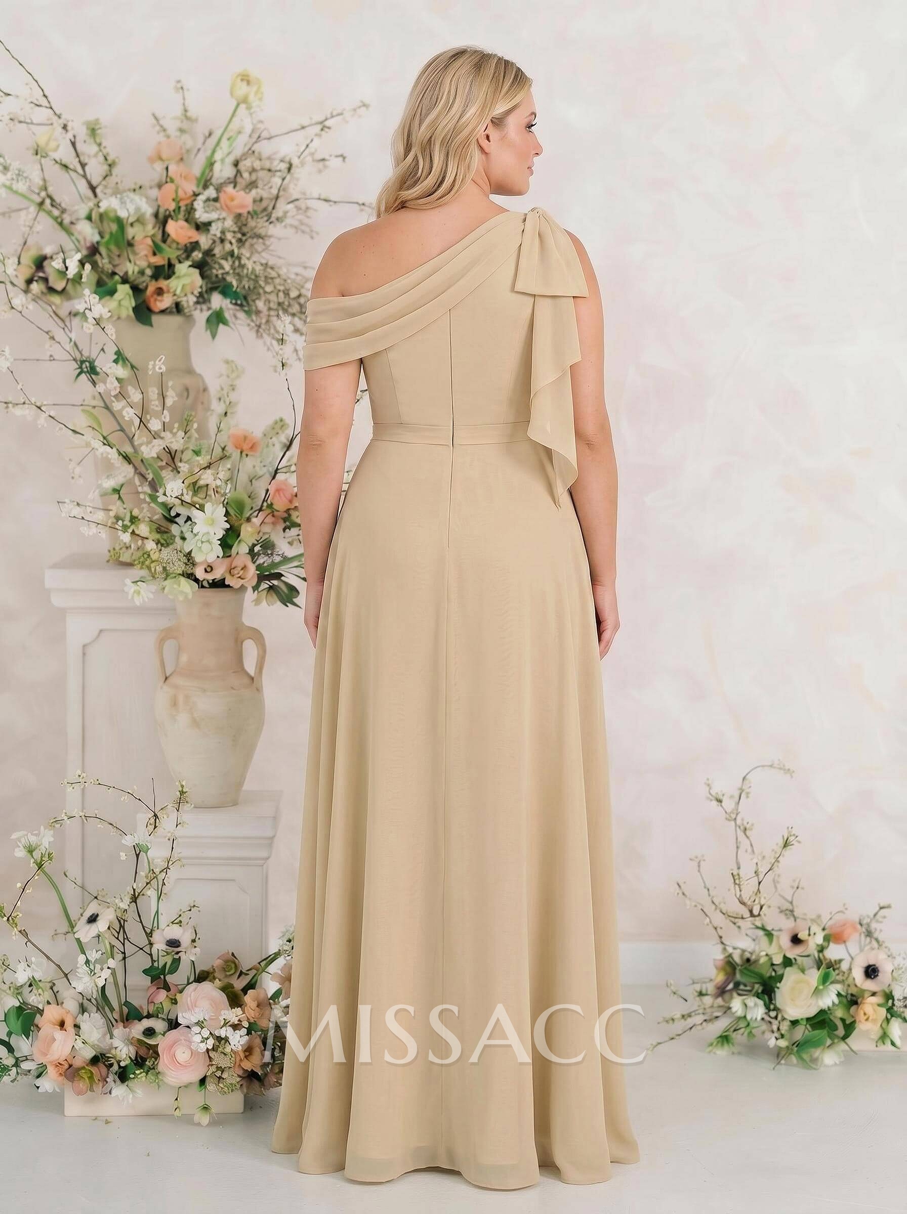 A-Line One-Shoulder Floor-Length Chiffon Bridesmaid Dresses With Split Front/Bow(s) A-Line One-Shoulder Floor-Length Chiffon Bridesmaid Dresses With Split Front/Bow(s)