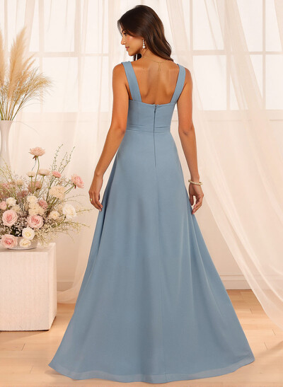 A-Line Cowl Neck Floor-Length Chiffon Bridesmaid Dresses With Split Front