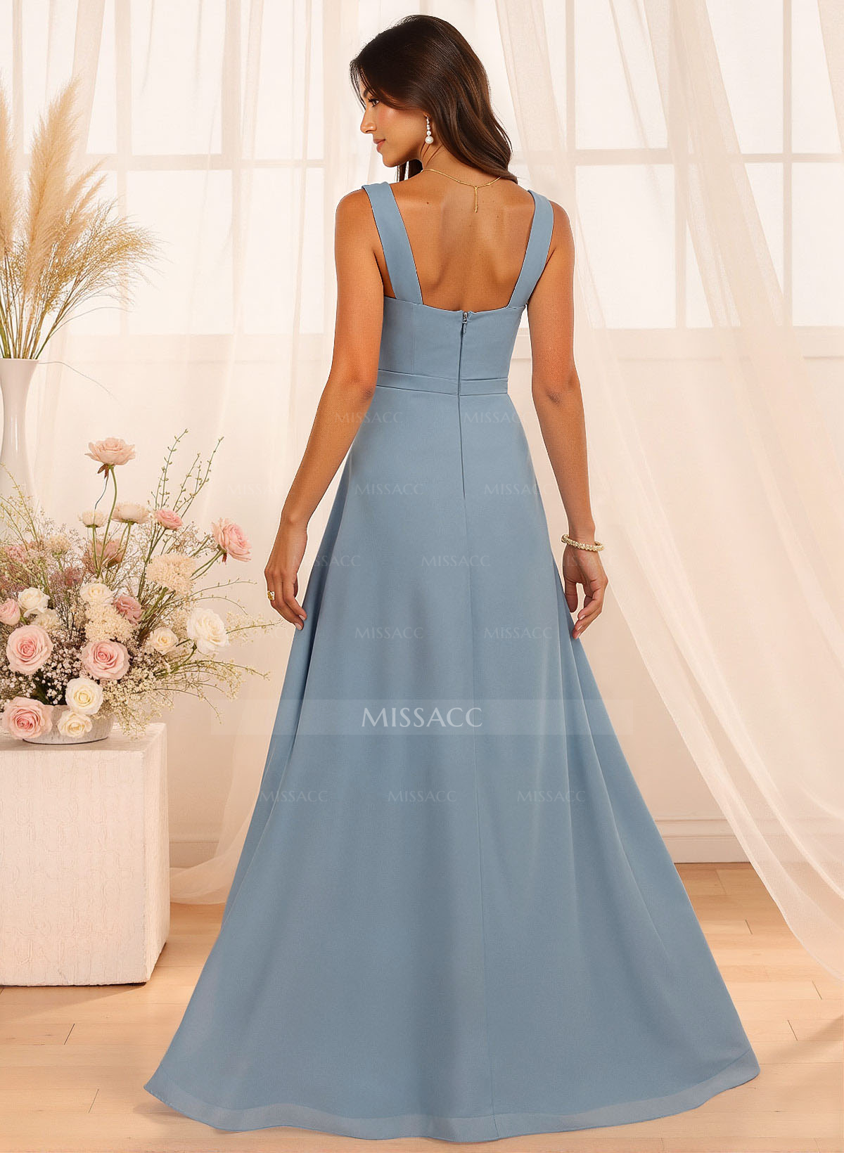 A-Line Cowl Neck Floor-Length Chiffon Bridesmaid Dresses With Split Front