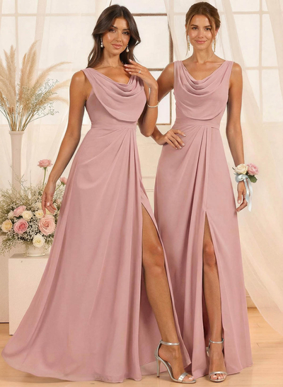 A-Line Cowl Neck Floor-Length Chiffon Bridesmaid Dresses With Split Front