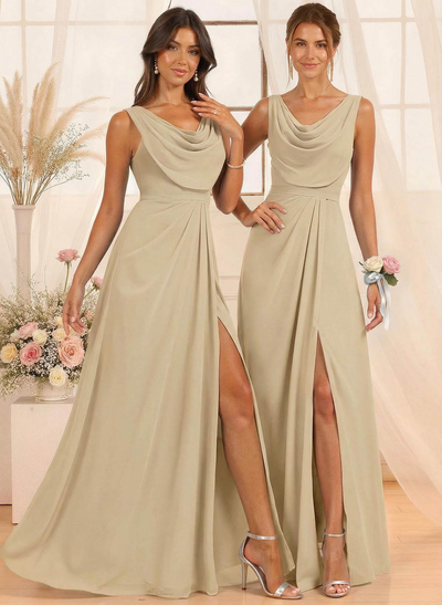 A-Line Cowl Neck Floor-Length Chiffon Bridesmaid Dresses With Split Front